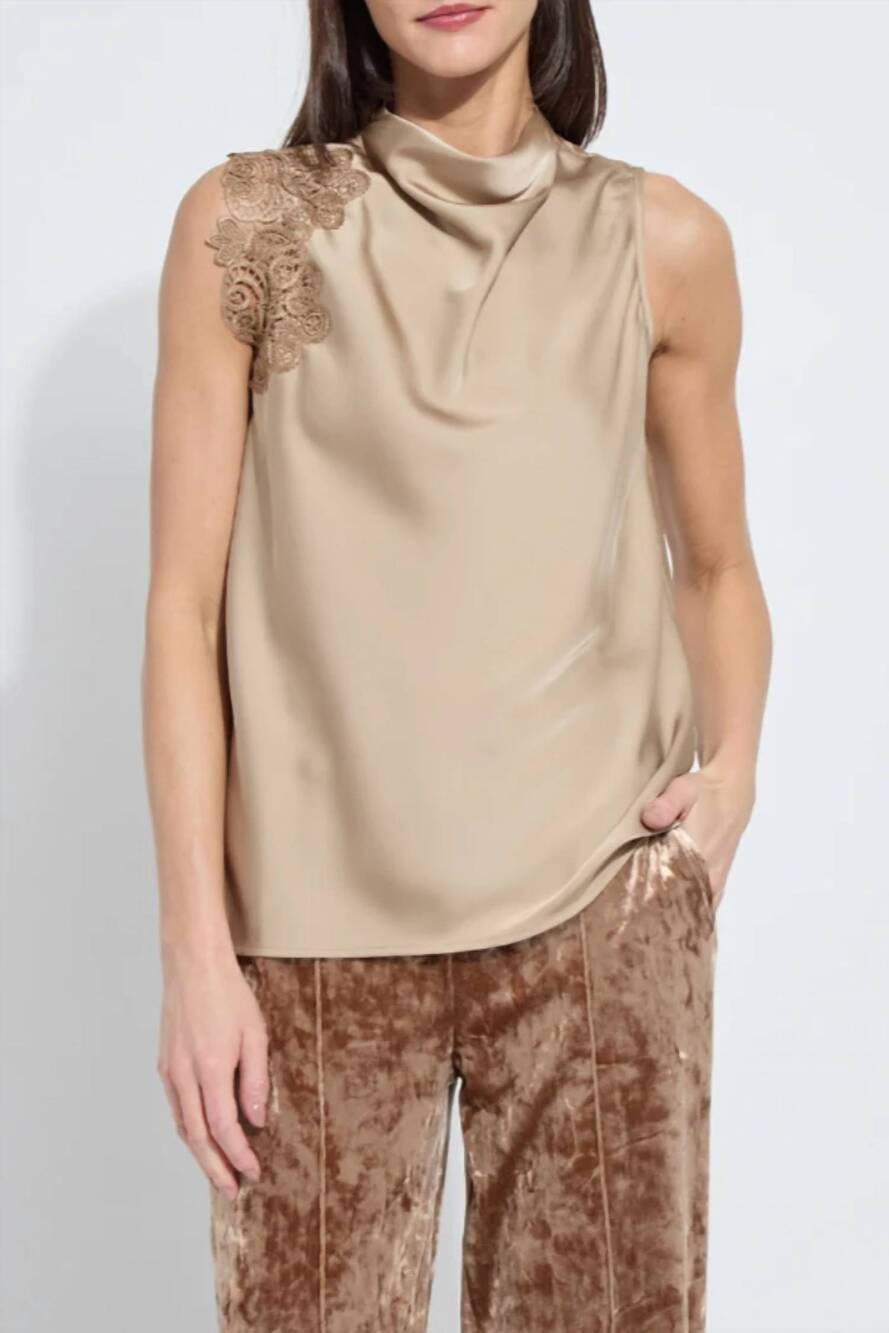 NEW LYSSE guipure lace trim shell top in beige